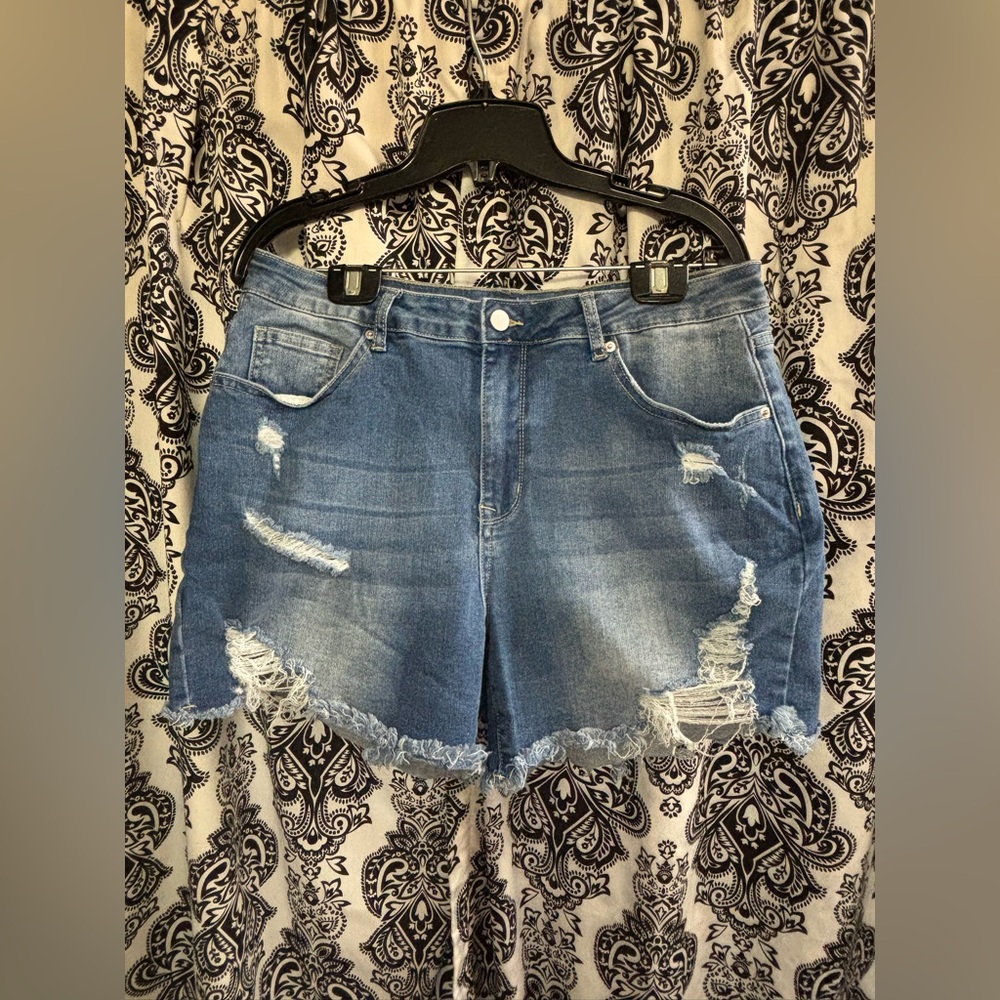 Distressed High-Rise Denim Shorts in Blue